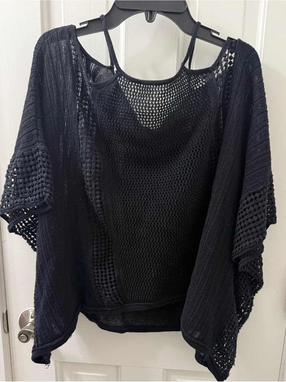 Free People Black Flowy Sweater W/Crochet Details, Off Shoulder W/ Tank Straps